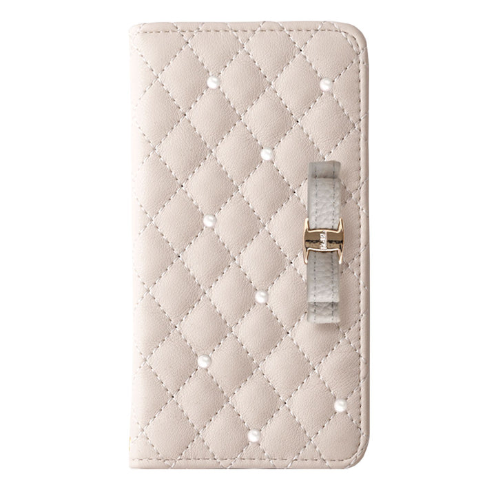 キルティング ミラー付き リボン パール 手帳型ケース