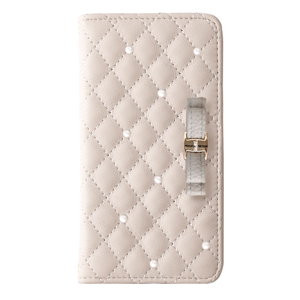 キルティング ミラー付き リボン パール 手帳型ケース iPhoneシリーズ