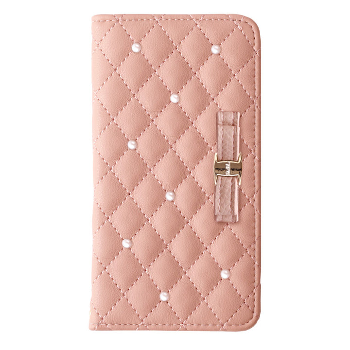 キルティング ミラー付き リボン パール 手帳型ケース