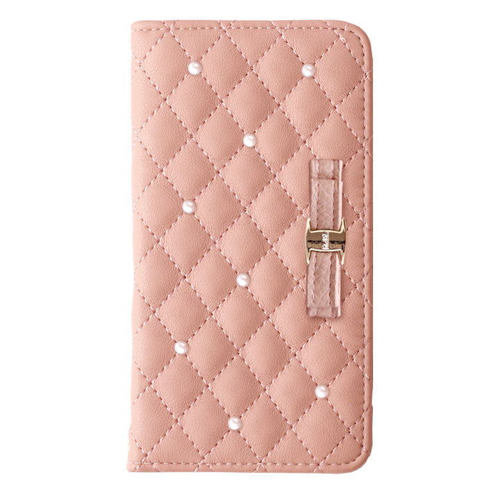 キルティング ミラー付き リボン パール 手帳型ケース Galaxyシリーズ