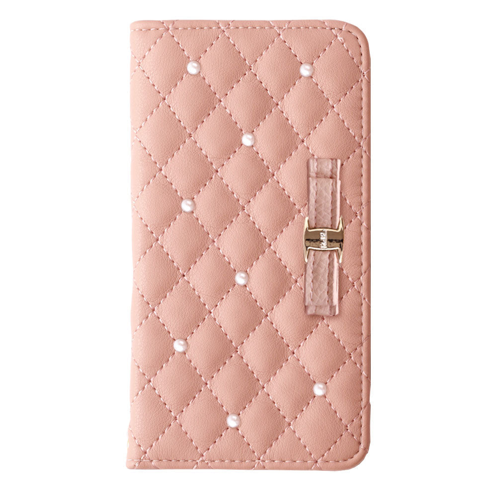 キルティング ミラー付き リボン パール 手帳型ケース Google Pixelシリーズ