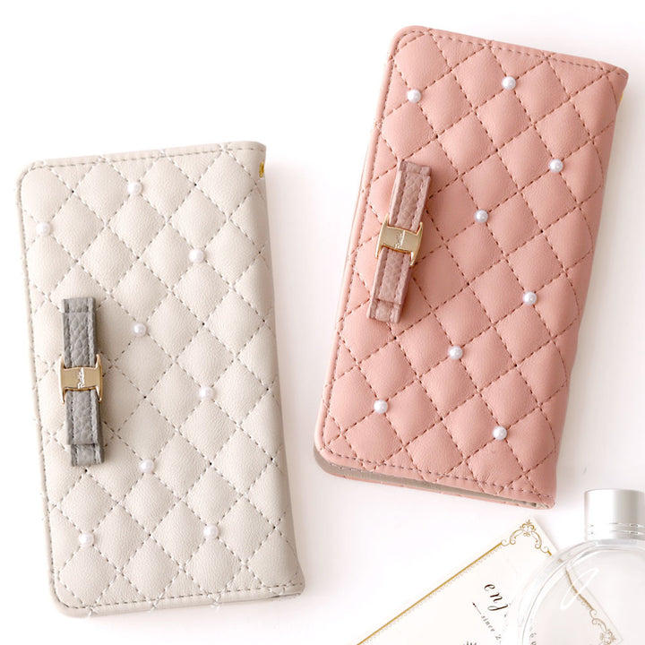 キルティング ミラー付き リボン パール 手帳型ケース