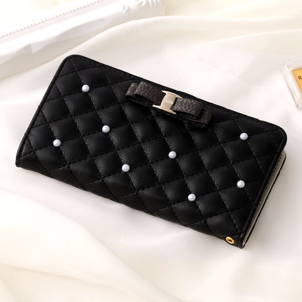 キルティング ミラー付き リボン パール 手帳型ケース