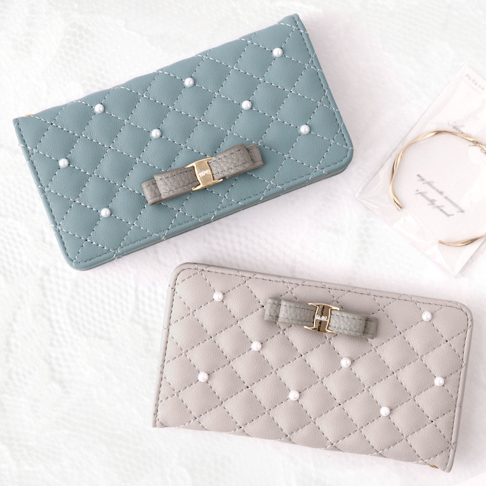 キルティング ミラー付き リボン パール 手帳型ケース