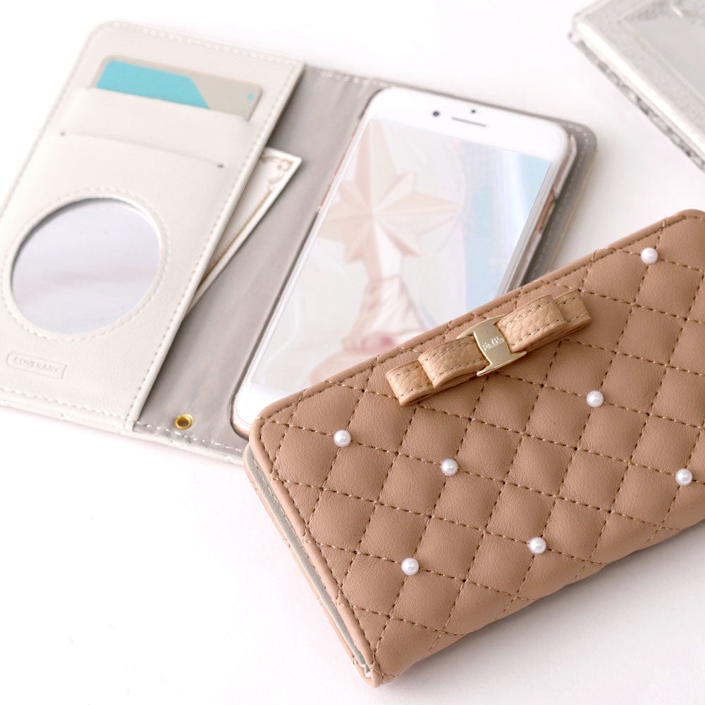 キルティング ミラー付き リボン パール 手帳型ケース Xperiaシリーズ