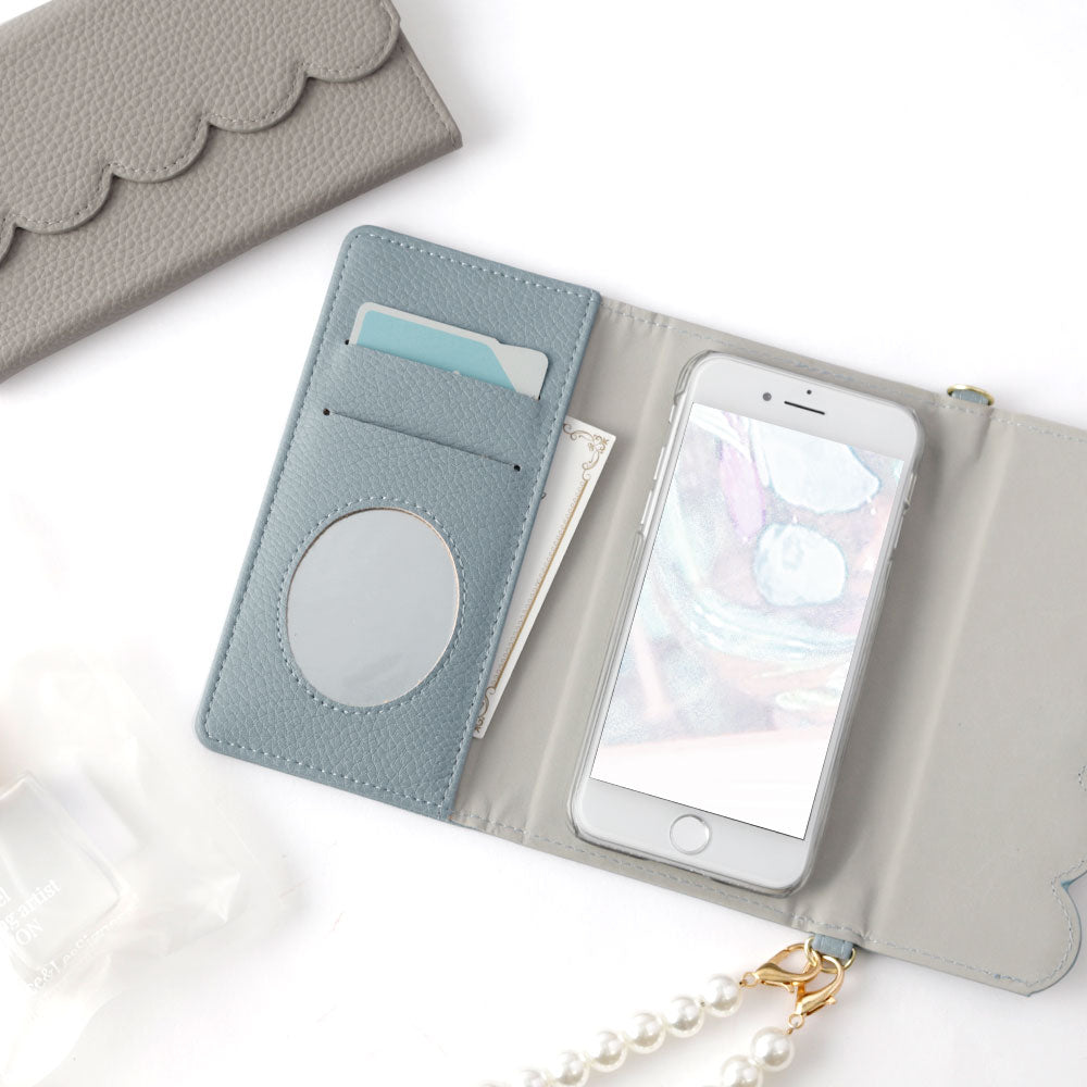 Étui portefeuille pliable en trois avec cuir végan, forme festonnée, avec sangle perle