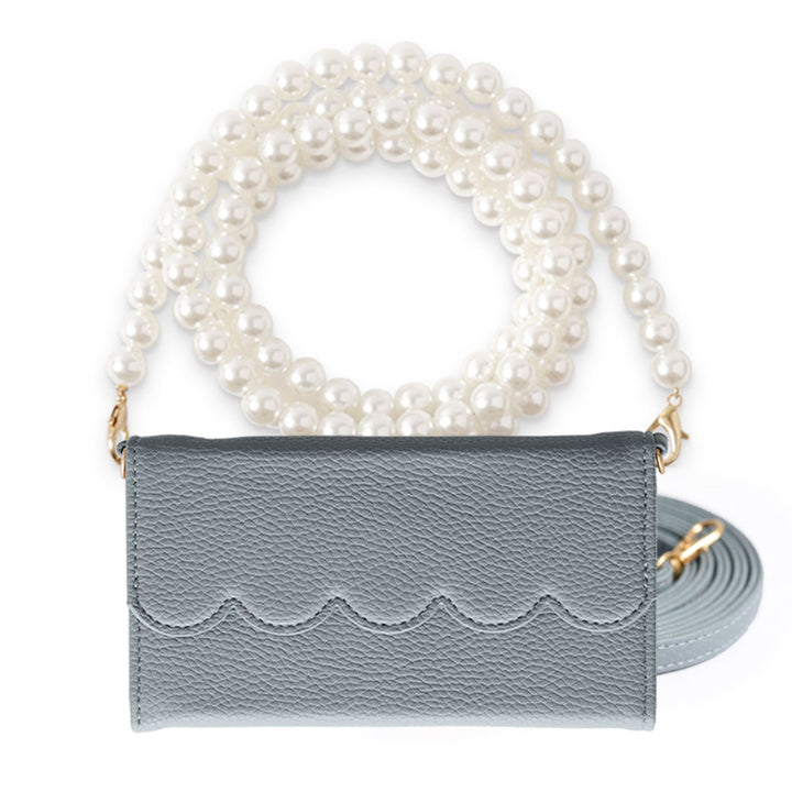 Étui portefeuille pliable en trois avec cuir végan, forme festonnée, avec sangle perle