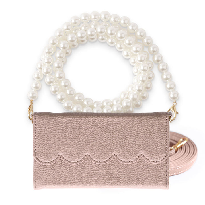 Étui portefeuille pliable en trois avec cuir végan, forme festonnée, avec sangle perle