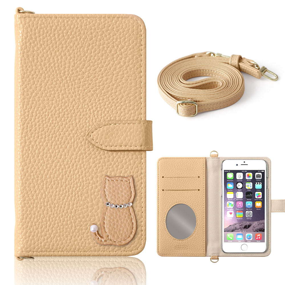 Vegan leather dusty color cat motif strap attached notebook-style case (with belt)