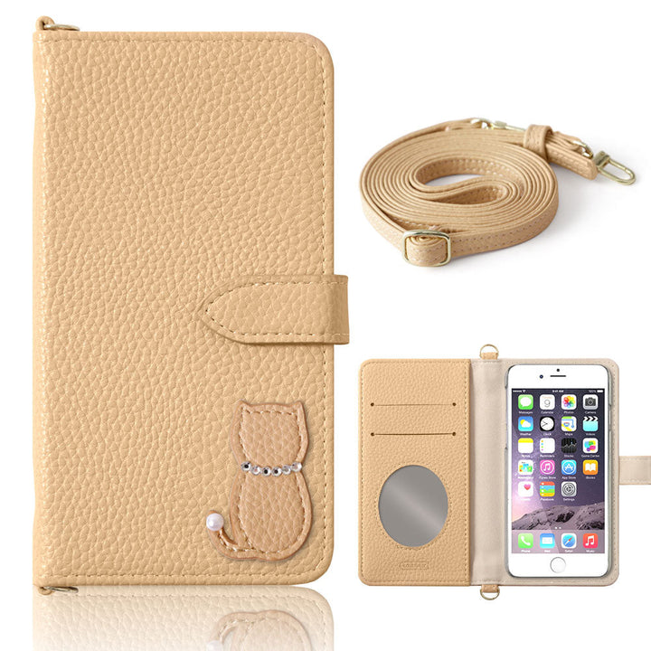 Vegan leather dusty color cat motif strap attached notebook-style case (with belt)