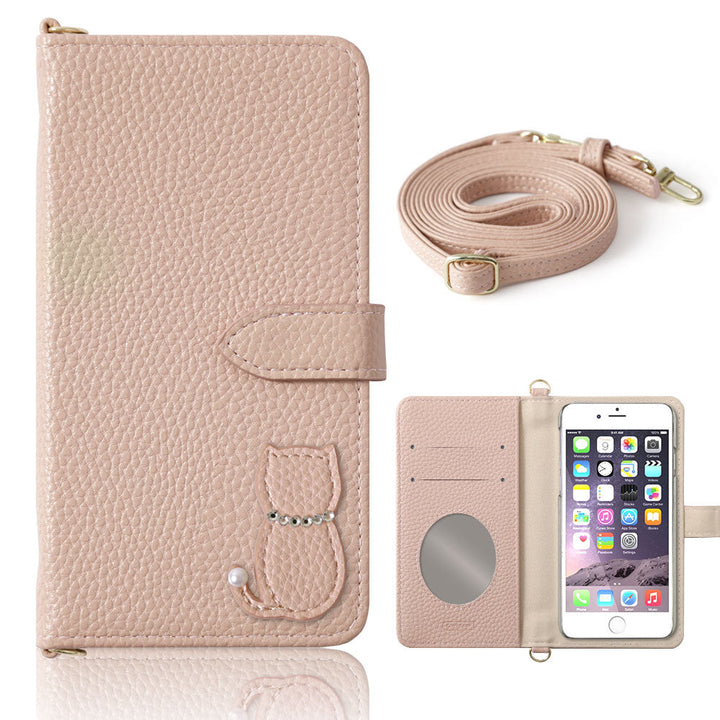 Vegan leather dusty color cat motif strap attached notebook-style case (with belt)