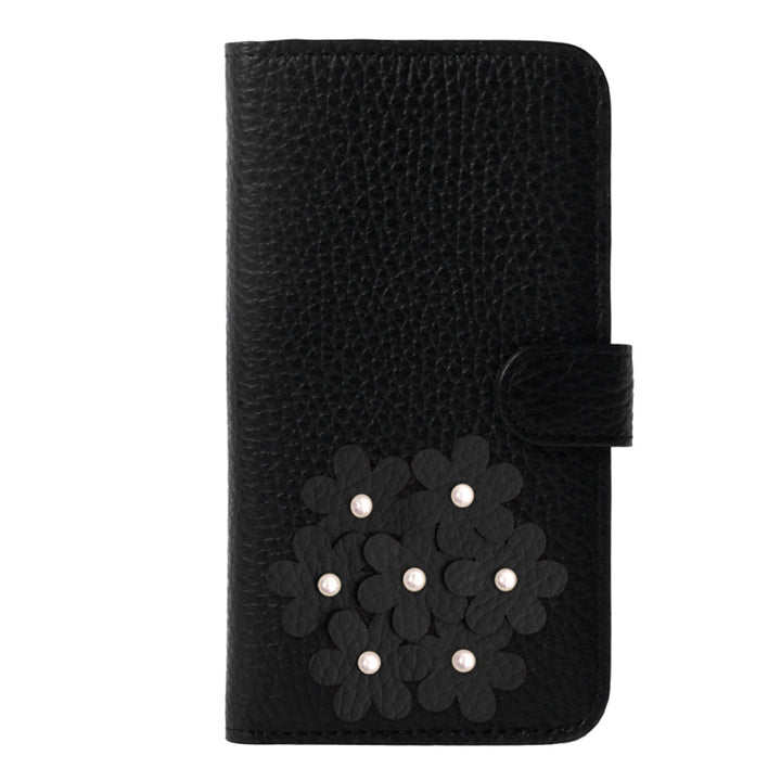 本革 32色 イタリアンシュリンクレザー あじさいモチーフ フラワーデコ手帳型ケース（ベルトあり）