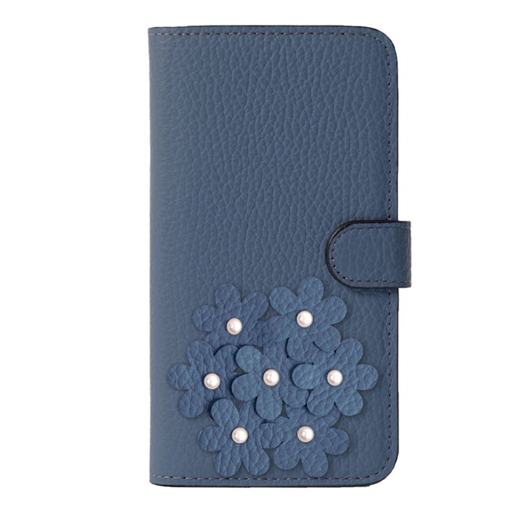 本革 32色 イタリアンシュリンクレザー あじさいモチーフ フラワーデコ手帳型ケース（ベルトあり） Galaxyシリーズ