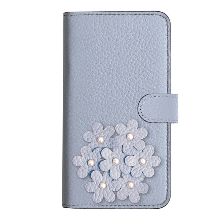 本革 32色 イタリアンシュリンクレザー あじさいモチーフ フラワーデコ手帳型ケース（ベルトあり） Galaxyシリーズ