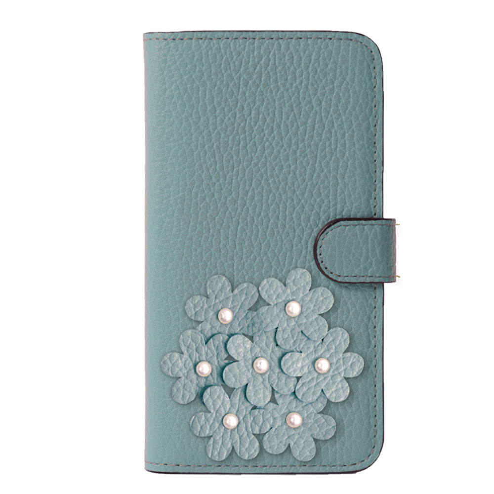 本革 32色 イタリアンシュリンクレザー あじさいモチーフ フラワーデコ手帳型ケース（ベルトあり）