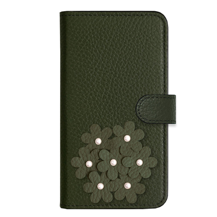 本革 32色 イタリアンシュリンクレザー あじさいモチーフ フラワーデコ手帳型ケース（ベルトあり）