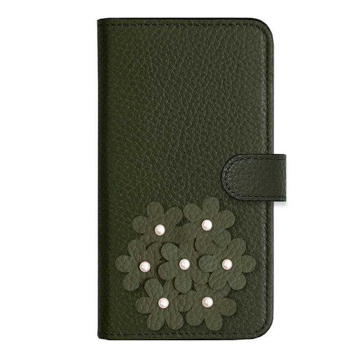 本革 32色 イタリアンシュリンクレザー あじさいモチーフ フラワーデコ手帳型ケース（ベルトあり） Galaxyシリーズ