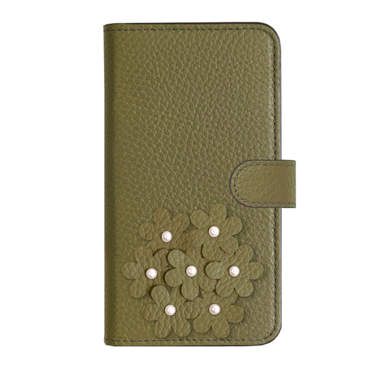 本革 32色 イタリアンシュリンクレザー あじさいモチーフ フラワーデコ手帳型ケース（ベルトあり） Galaxyシリーズ