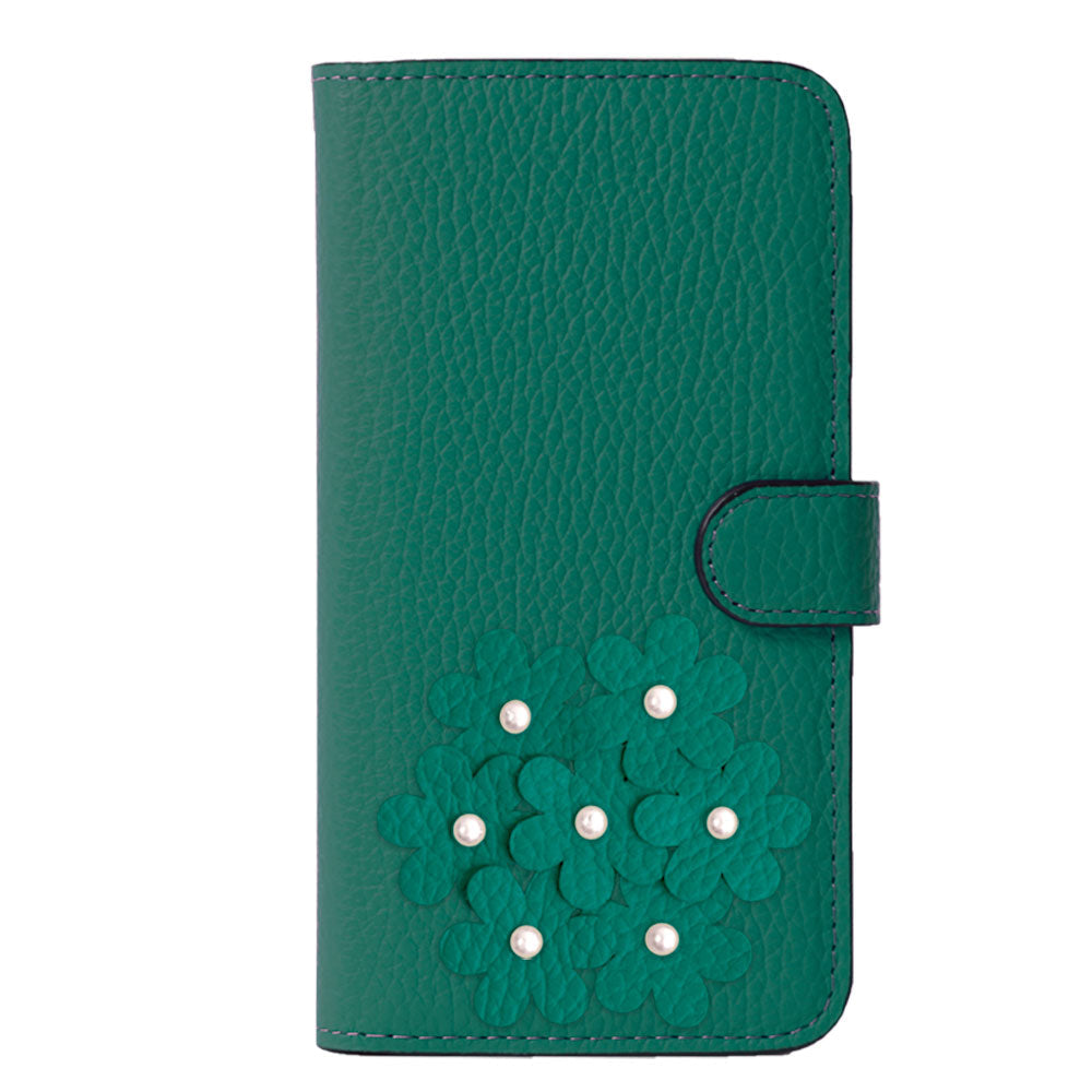 本革 32色 イタリアンシュリンクレザー あじさいモチーフ フラワーデコ手帳型ケース（ベルトあり） iPhoneシリーズ