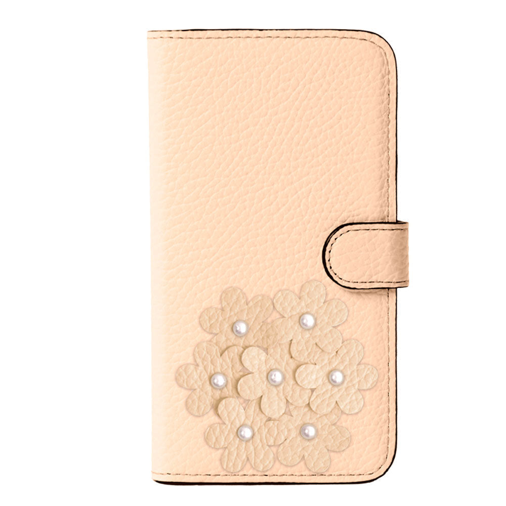 本革 32色 イタリアンシュリンクレザー あじさいモチーフ フラワーデコ手帳型ケース（ベルトあり） iPhoneシリーズ