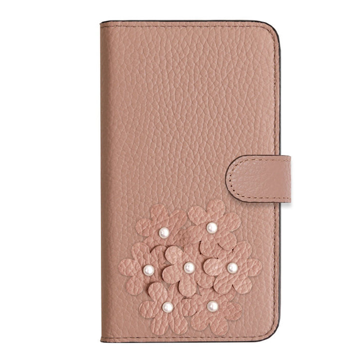 本革 32色 イタリアンシュリンクレザー あじさいモチーフ フラワーデコ手帳型ケース（ベルトあり） iPhoneシリーズ