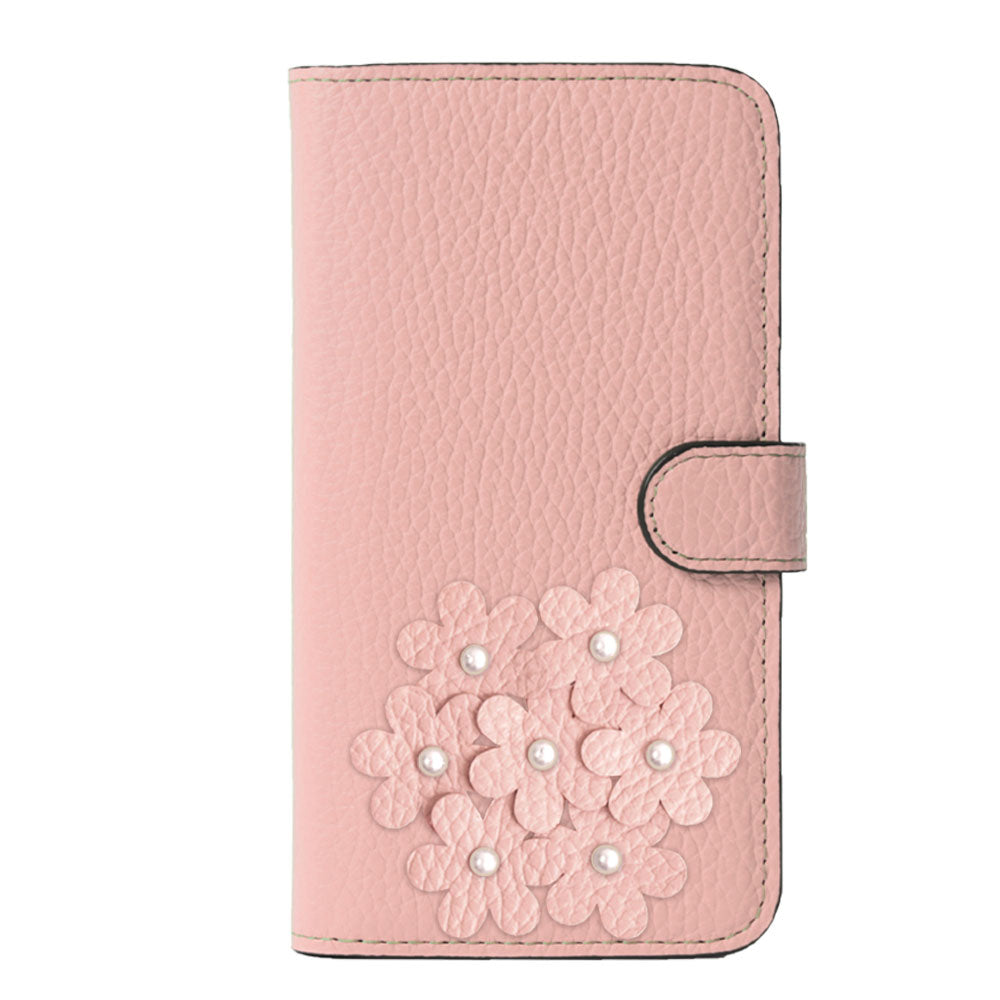 本革 32色 イタリアンシュリンクレザー あじさいモチーフ フラワーデコ手帳型ケース（ベルトあり）