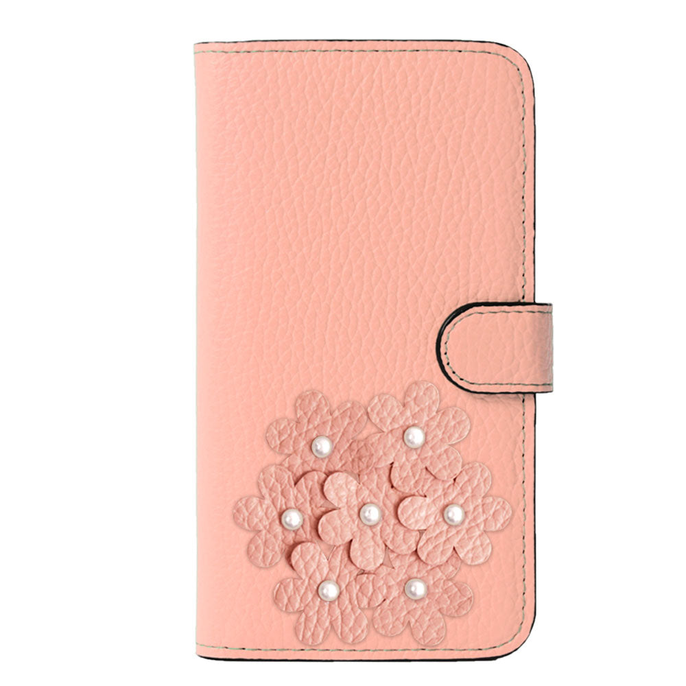 本革 32色 イタリアンシュリンクレザー あじさいモチーフ フラワーデコ手帳型ケース（ベルトあり）