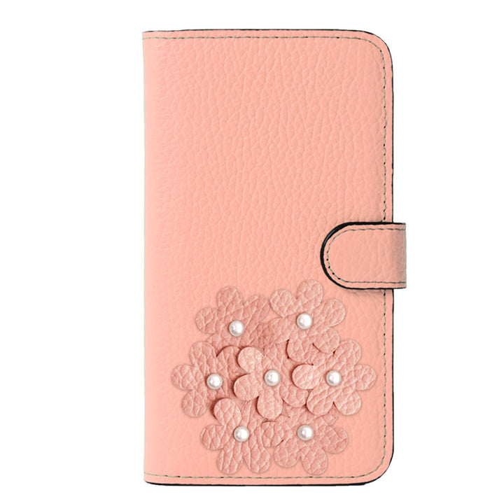 本革 32色 イタリアンシュリンクレザー あじさいモチーフ フラワーデコ手帳型ケース（ベルトあり）