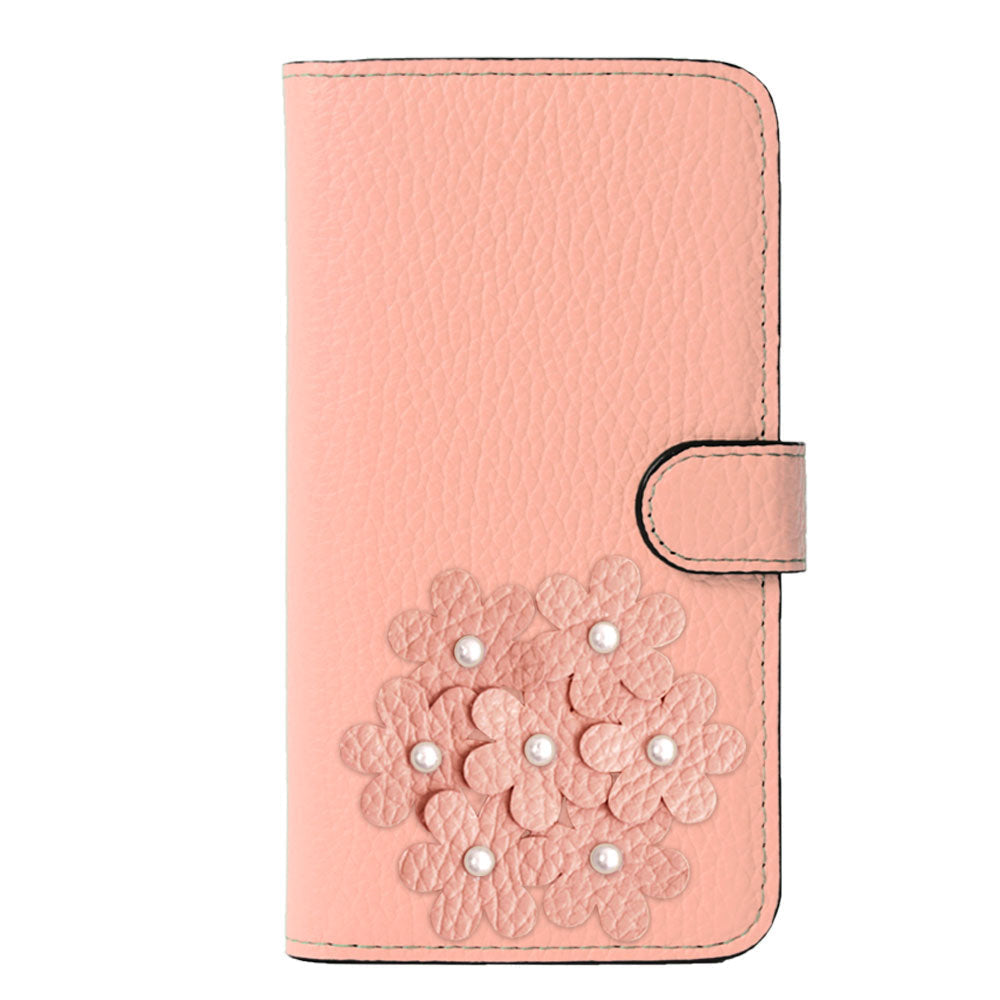 本革 32色 イタリアンシュリンクレザー あじさいモチーフ フラワーデコ手帳型ケース（ベルトあり） iPhoneシリーズ