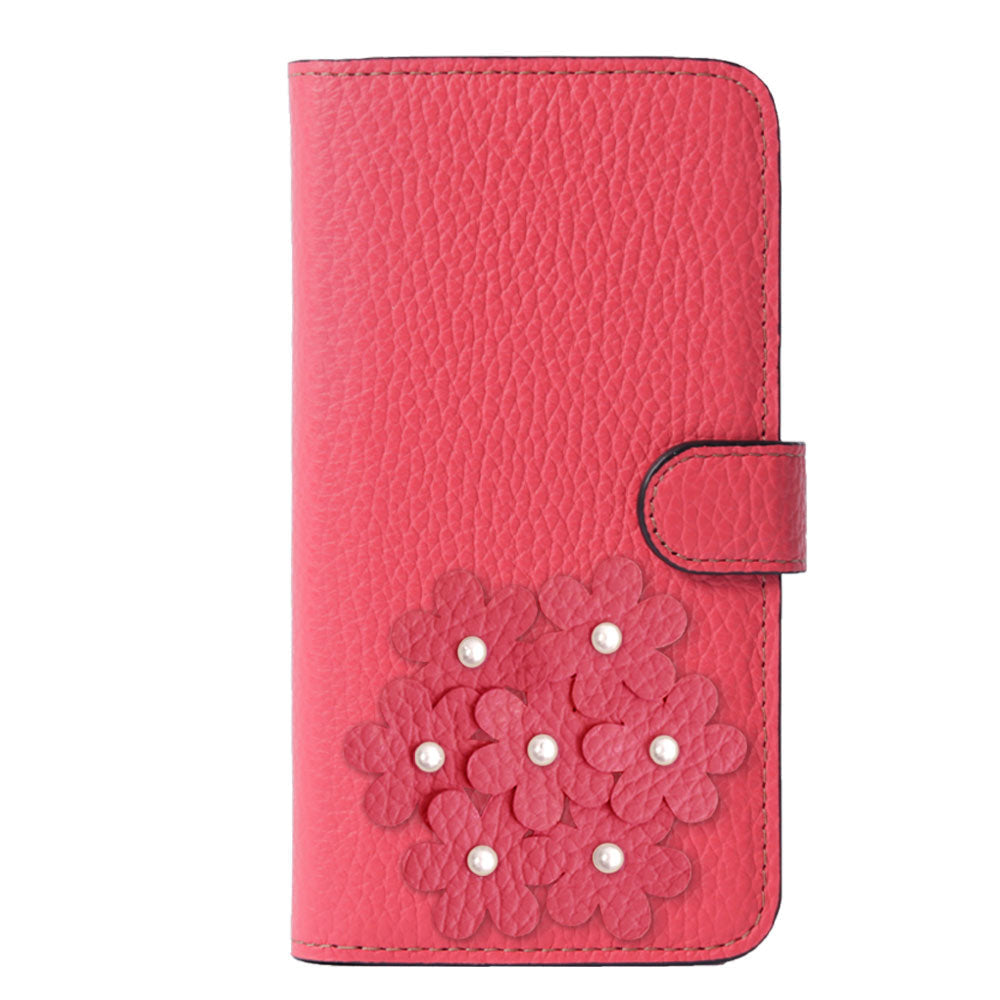 本革 32色 イタリアンシュリンクレザー あじさいモチーフ フラワーデコ手帳型ケース（ベルトあり） iPhoneシリーズ