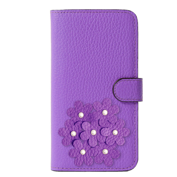 本革 32色 イタリアンシュリンクレザー あじさいモチーフ フラワーデコ手帳型ケース（ベルトあり） Galaxyシリーズ