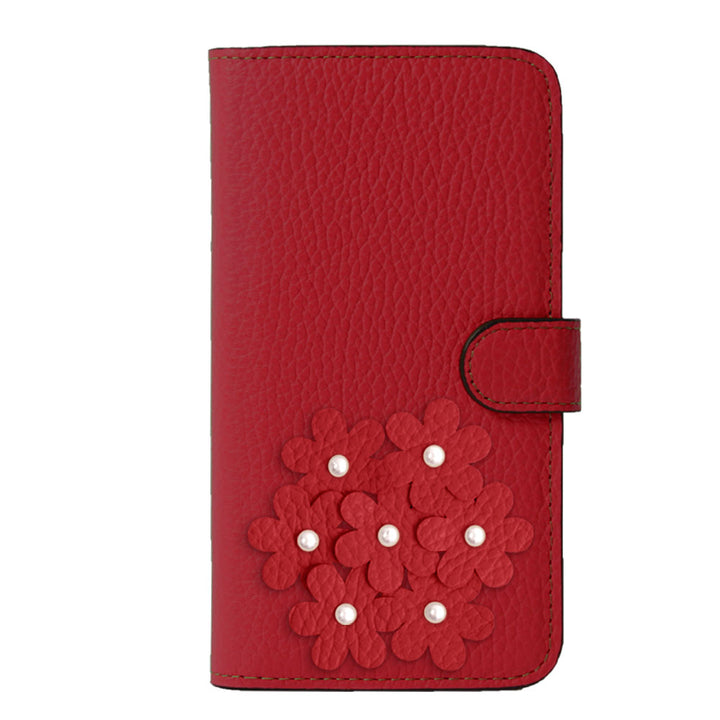 本革 32色 イタリアンシュリンクレザー あじさいモチーフ フラワーデコ手帳型ケース（ベルトあり）