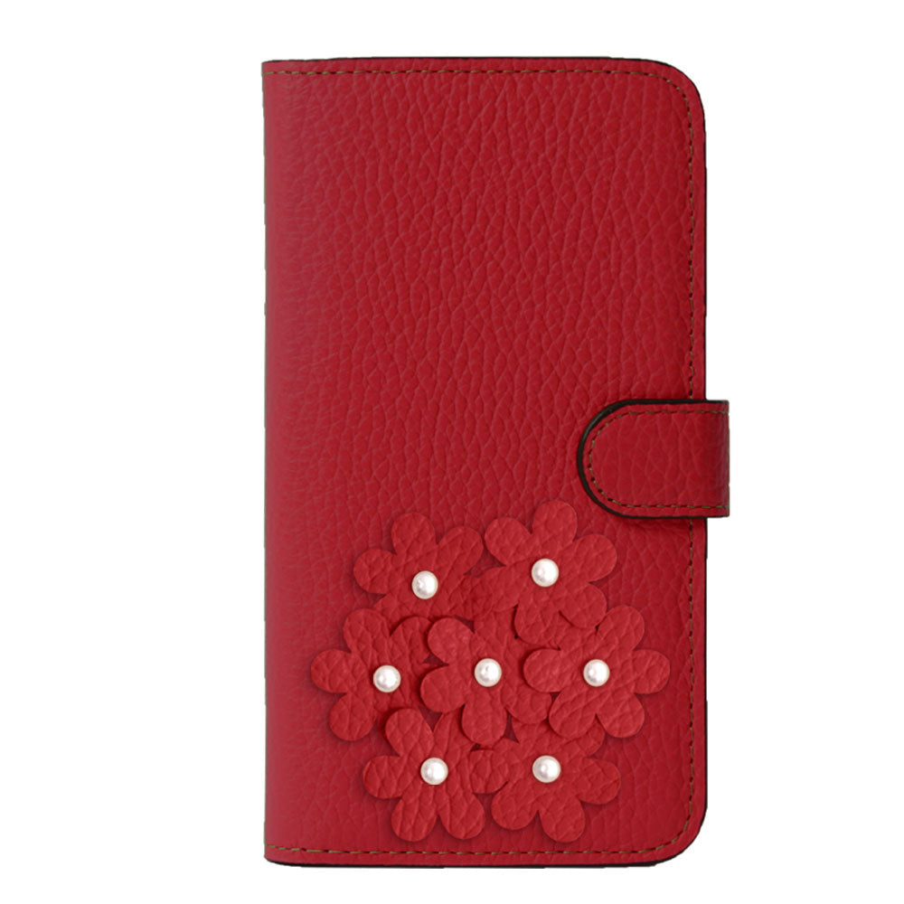 本革 32色 イタリアンシュリンクレザー あじさいモチーフ フラワーデコ手帳型ケース（ベルトあり） Galaxyシリーズ