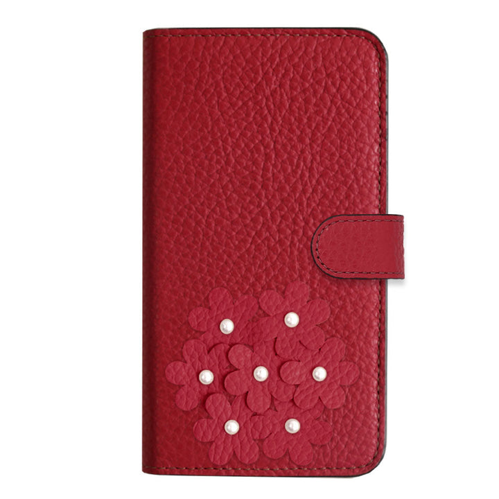 本革 32色 イタリアンシュリンクレザー あじさいモチーフ フラワーデコ手帳型ケース（ベルトあり） iPhoneシリーズ