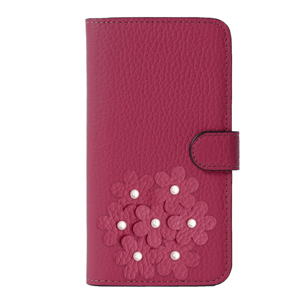 本革 32色 イタリアンシュリンクレザー あじさいモチーフ フラワーデコ手帳型ケース（ベルトあり）