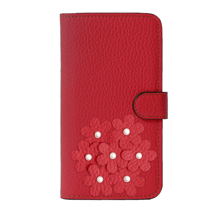 本革 32色 イタリアンシュリンクレザー あじさいモチーフ フラワーデコ手帳型ケース（ベルトあり） iPhoneシリーズ