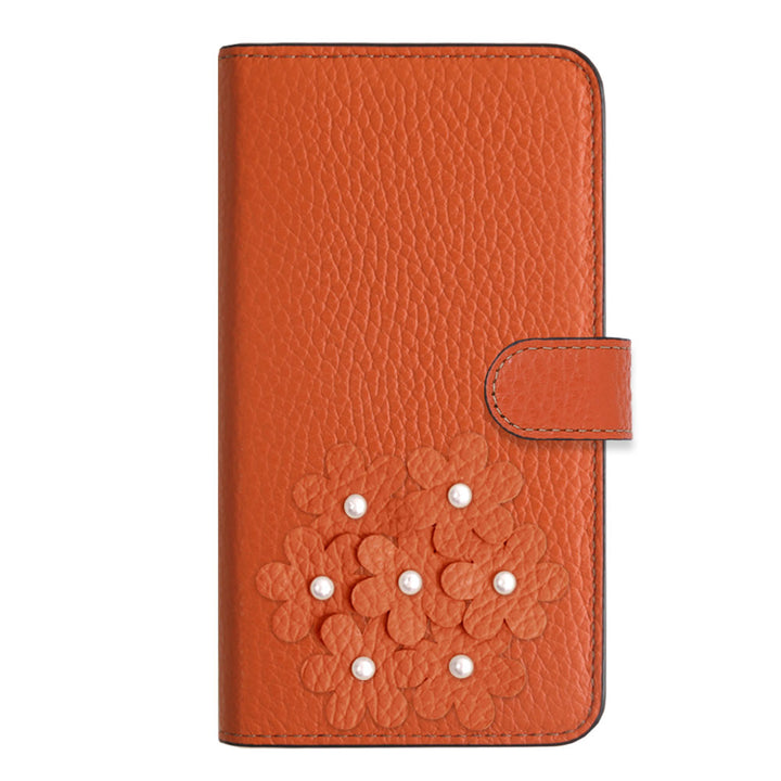 本革 32色 イタリアンシュリンクレザー あじさいモチーフ フラワーデコ手帳型ケース（ベルトあり）