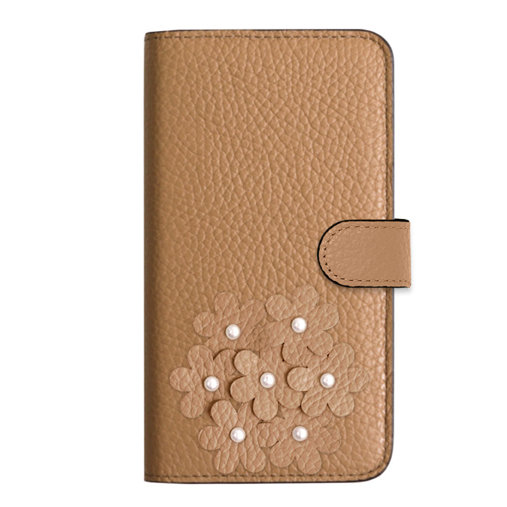 本革 32色 イタリアンシュリンクレザー あじさいモチーフ フラワーデコ手帳型ケース（ベルトあり） Galaxyシリーズ