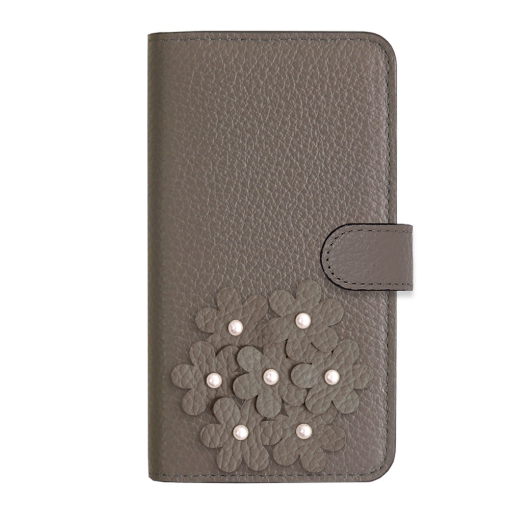 本革 32色 イタリアンシュリンクレザー あじさいモチーフ フラワーデコ手帳型ケース（ベルトあり）