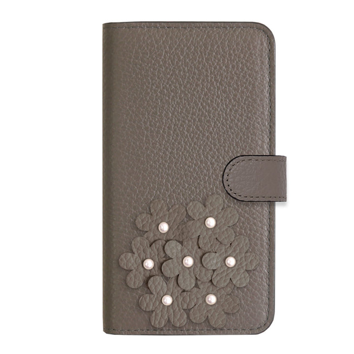 本革 32色 イタリアンシュリンクレザー あじさいモチーフ フラワーデコ手帳型ケース（ベルトあり）