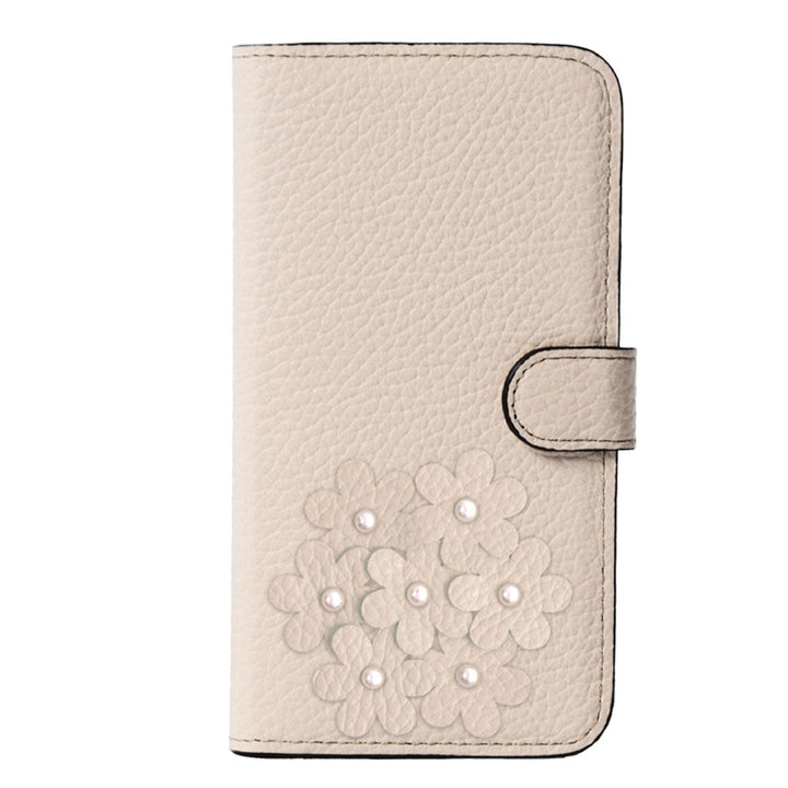 本革 32色 イタリアンシュリンクレザー あじさいモチーフ フラワーデコ手帳型ケース（ベルトあり） iPhoneシリーズ