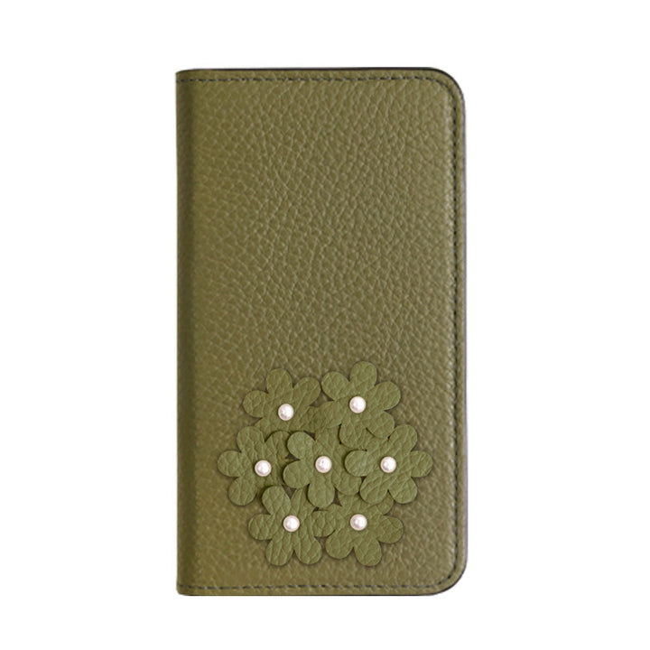 本革 32色 イタリアンシュリンクレザー あじさいモチーフ 手帳型ケース Galaxyシリーズ