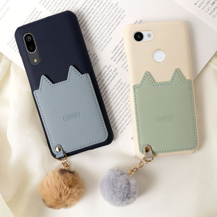 Cuir végan Poche en forme de chat Charm en fourrure Coque arrière Série Galaxy