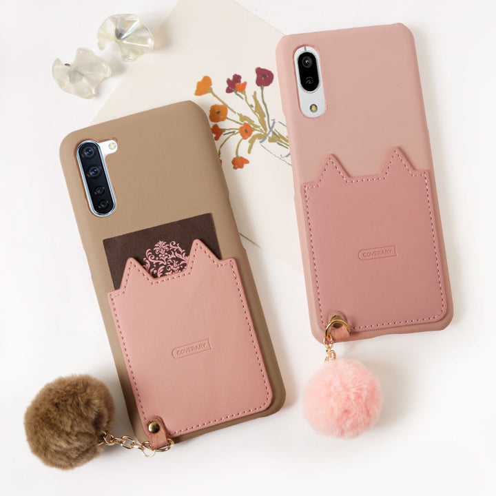Cuir végan Poche en forme de chat Charm en fourrure Coque arrière Série Galaxy