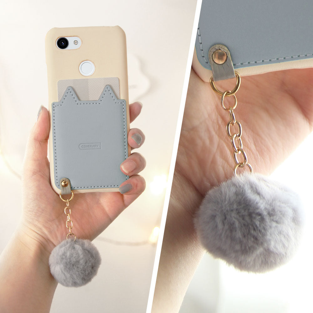 Vegan leather cat-shaped pocket fur charm back case AQUOS series