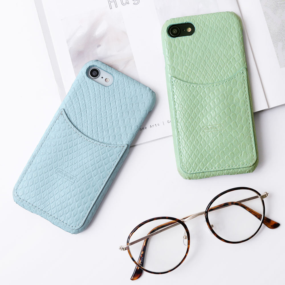 Étui arrière pastel à poche souriante effet cuir python