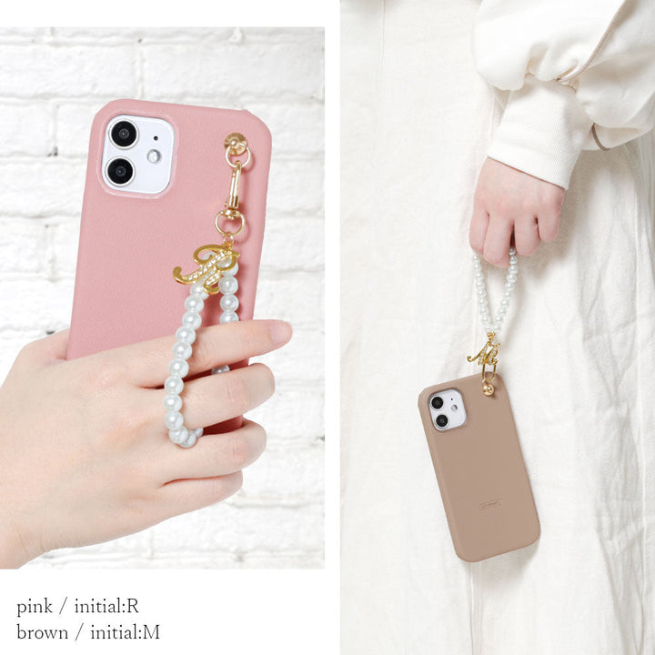 ヴィーガンレザー くすみパステル パールフィンガーストラップ イニシャルデコ 背面ケース iPhoneシリーズ