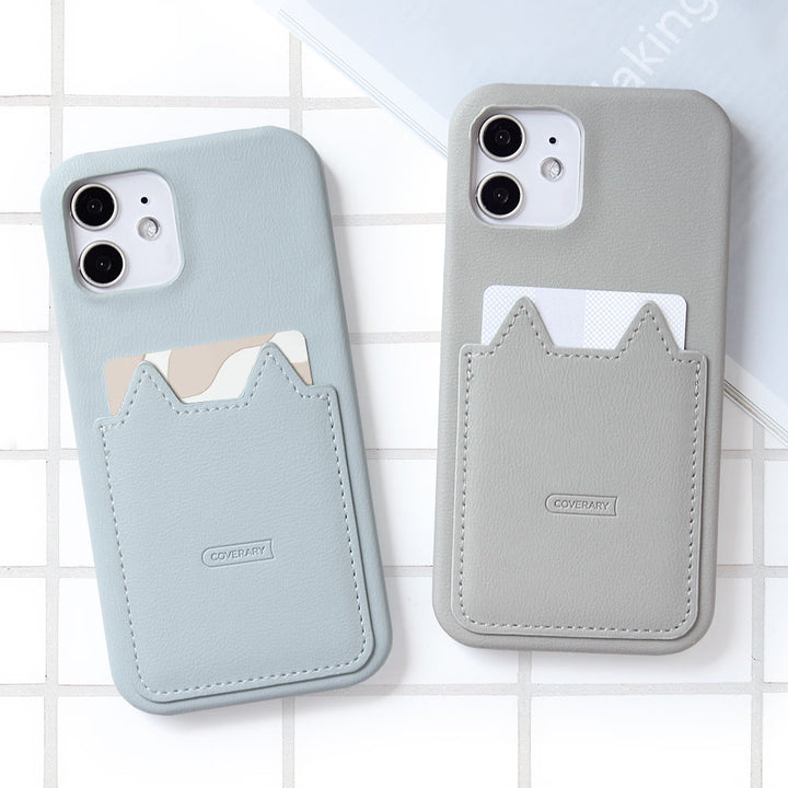 Vegan leather muted pastel cat-shaped pocket back case