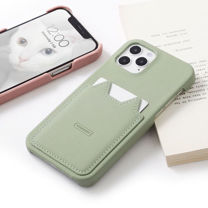 Vegan leather muted pastel cat-shaped pocket back case