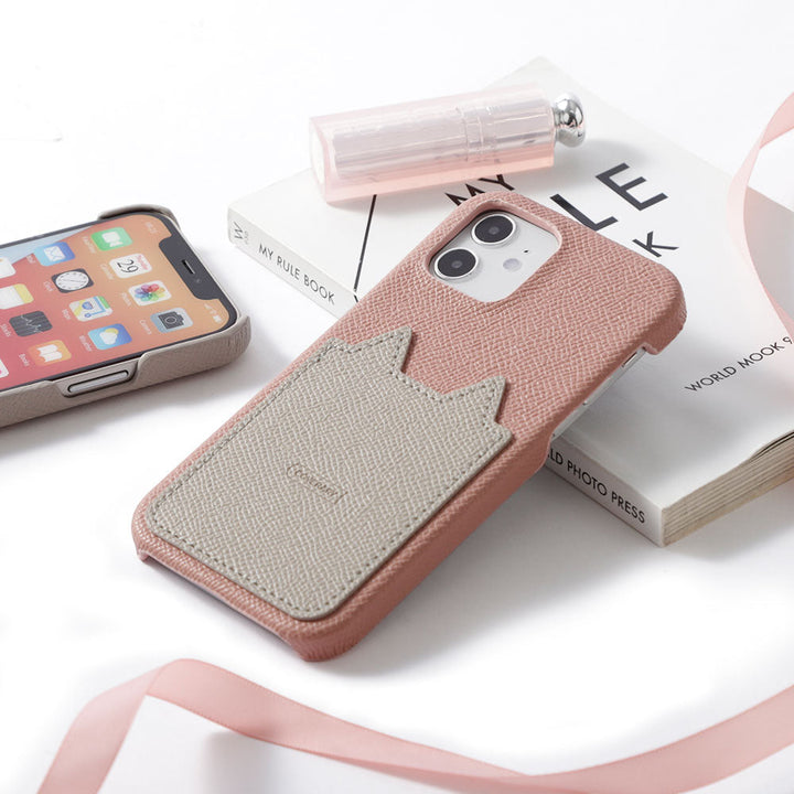 Vegan leather bicolor cat-shaped pocket back case for iPhone series